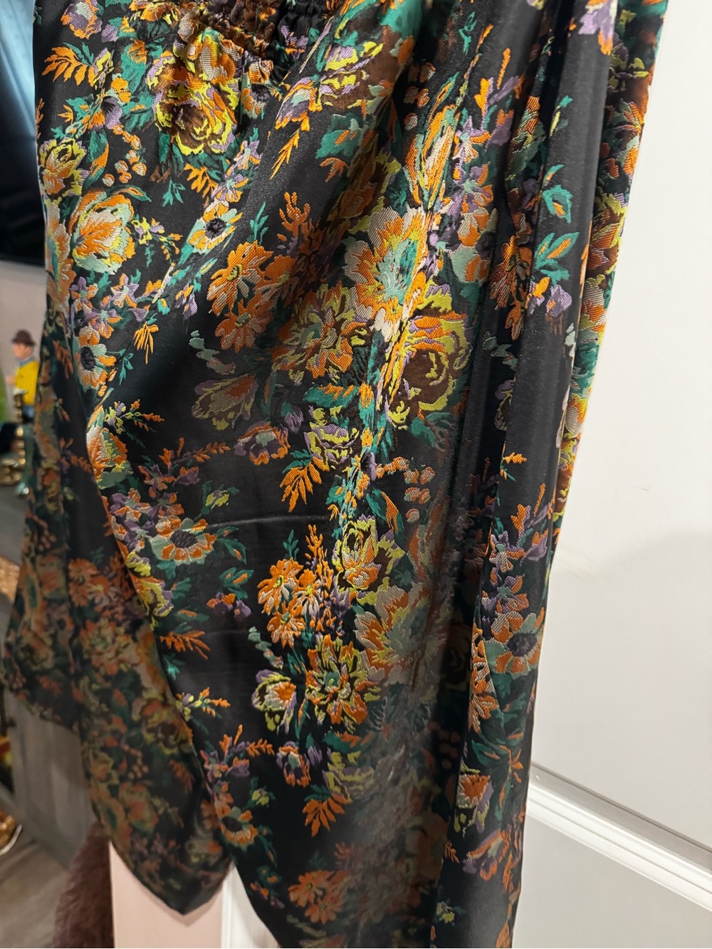 Anthropologie Black Satin Floral Wide-Leg Pants with Gold & Teal Accents - Picture 2 of 4